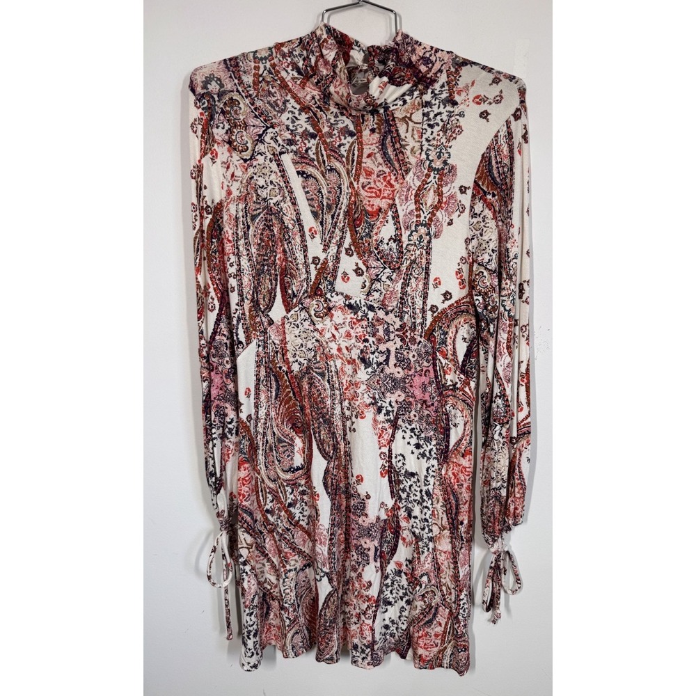 NWT Free People All Dolled Up Paisley Open Back Mock Neck Mini Dress Size L Boho